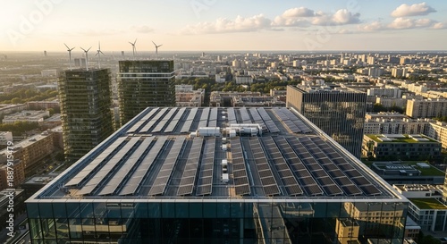 Aerial view of a modern cityscape with a large building featuring solar panels on its roof, surrounded by other structures and wind turbines in the distance.