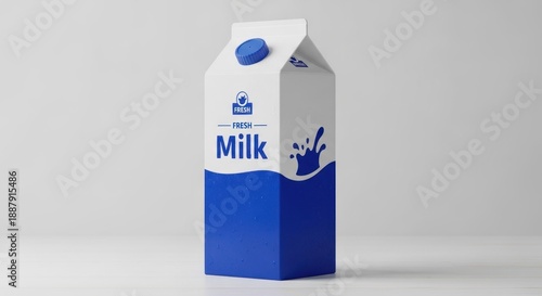 A milk carton with a blue and white label, placed on a white surface with a light background.