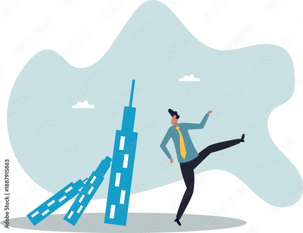 Obraz premium Real estate or property debt crisis causing domino effect, housing and stock market or investment asset fall down.about a man and his life.