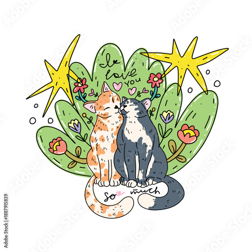 Cute vector illustration of kawaii-style cats kissing on a white background surrounded by plants and flowers. Romantic illustration of kittens for Valentine's Day, ready to print.
