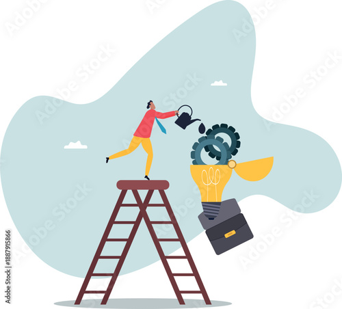 Caring for the idea and finalizing it: a businessman with a watering can pours lubricant into the mechanism.