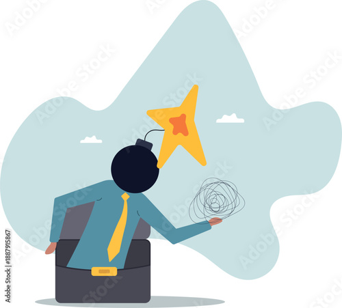 A man with a burning bomb on his head. The concept of burnout at work.