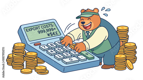 Cartoon Bear Calculating Export Costs with Coins on White Background