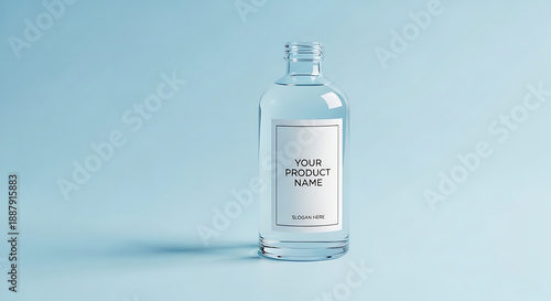 Clear glass bottle with blank label on light blue background, product display, studio shot, still life, commercial photography