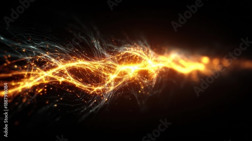 Abstract golden energy streams flow dynamically against a dark backdrop, creating a visual spectacle.