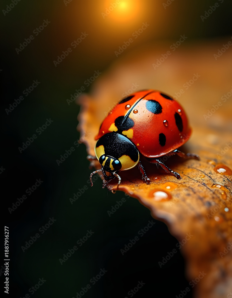 Fototapeta premium Macro shot of a ladybug with water droplets on a dry autumn leaf with soft bokeh background