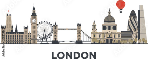 London skyline illustration featuring iconic landmarks Big Ben Tower Bridge St Pauls Cathedral modern flat city vector design