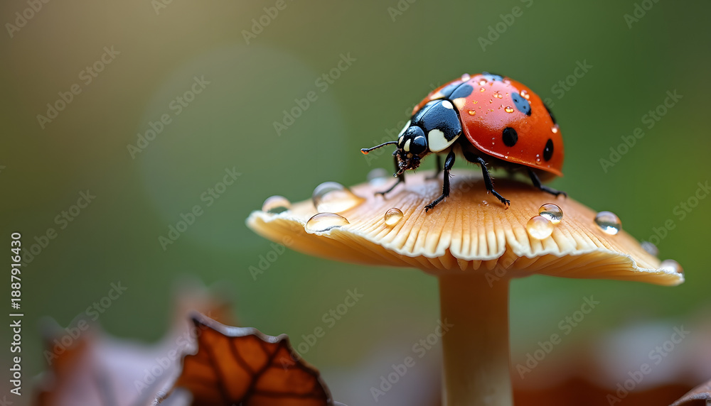 Obraz premium Macro shot of a ladybug with water droplets on a mushroom cap in a forest setting