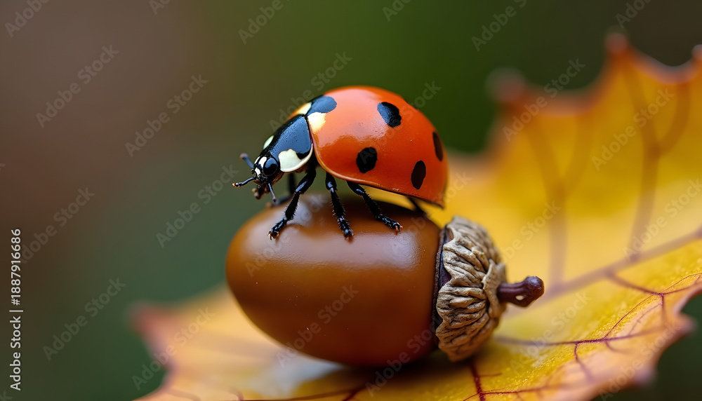 Fototapeta premium Close-up macro shot of a ladybug perched on an acorn resting on a vibrant autumn leaf