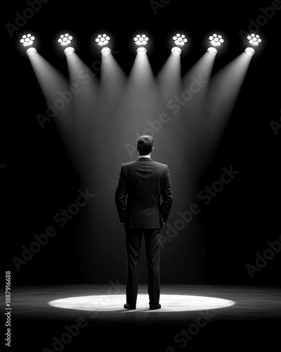 Businessman Standing Alone Under Spotlight on Stage in Dark Environment Representing Confidence and Professionalism