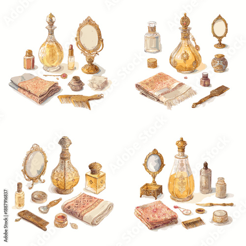 Antique vanity illustration with perfume bottles mirrors books jewelry and decorative objects. Elegant dressing table collection inspired by classic luxury style.