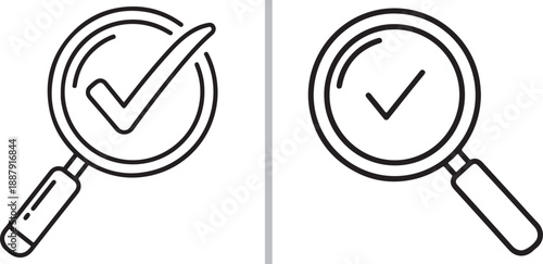 Two minimalist line-art magnifying glass icons, each containing a checkmark to signify a successful search, verified results, or completed data analysis.