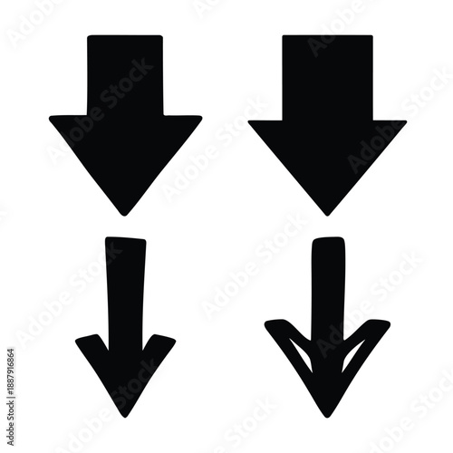 Collection of four distinct black down arrows on a clean white background, signaling direction or download