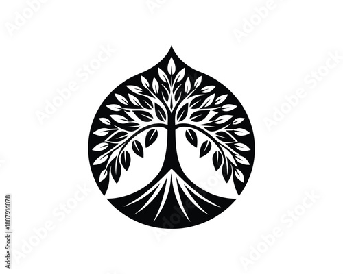 Black tree of life logo inside a teardrop shape on white background silhouette