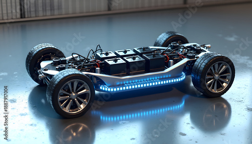 Electric vehicle chassis with battery pack and blue LED lighting, futuristic automotive design