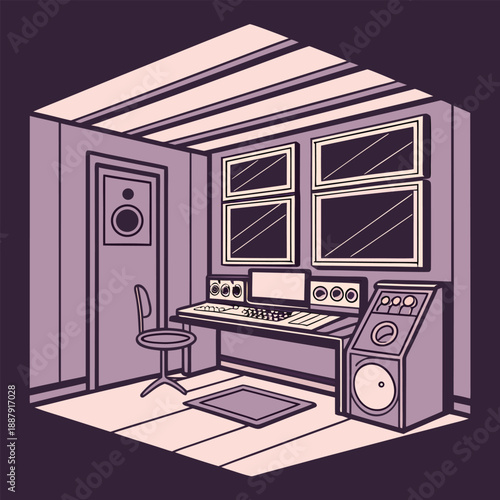 Professional recording studio with mixing console and monitoring speakers