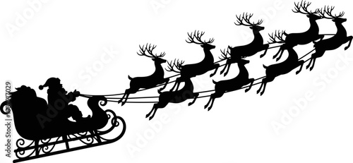 Black silhouette of Santa Claus riding his sleigh pulled by a team of flying reindeer, festive Christmas holiday scene isolated on a white background.