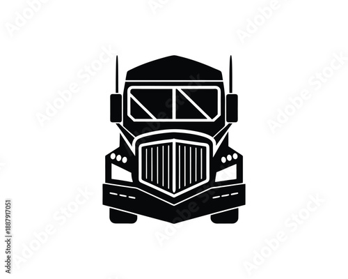 Front view black silhouette of a modern semi-truck cab on white background tractor-trailer