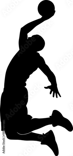 Dynamic black silhouette of a basketball player jumping for a powerful slam dunk, athletic sports action figure isolated on white background for competition.