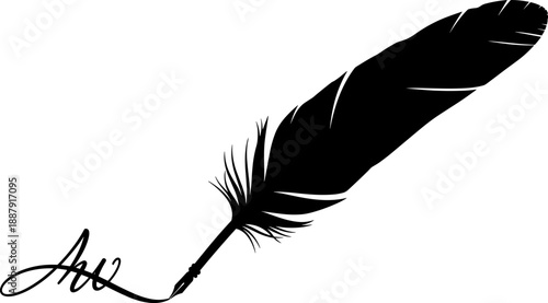 Elegant black silhouette of a feather quill pen writing a cursive signature, classic vintage literature and law icon isolated on white background for design.