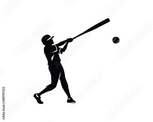 Silhouette of baseball player hitting ball on white background vector illustration