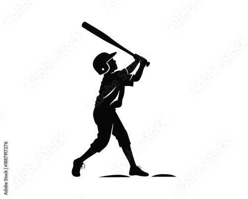 Silhouette of young baseball player swinging bat on white background child