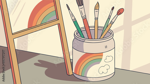 Colorful paintbrushes in a vibrant rainbow jar on a desk