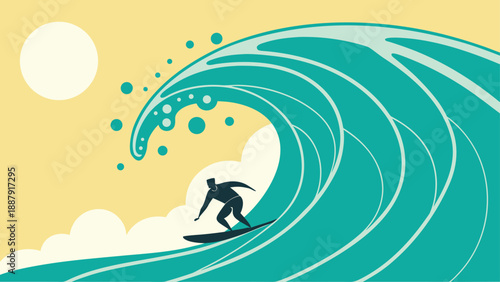 Surfer riding massive wave with sun shining bright