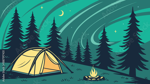 Couple camping under starry night sky in serene forest with tent and campfire