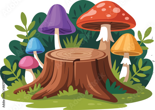 Wooden Stumps and Cute Mushrooms in a Forest  Vibrantly Colorful Vector Collection