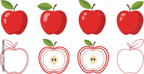Red apple vector illustration set with whole and sliced fruit, flat and outline styles, healthy food design icons