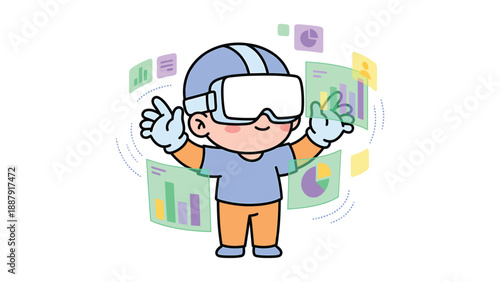 Cartoon Boy in VR Headset Interacting with Data Graphics