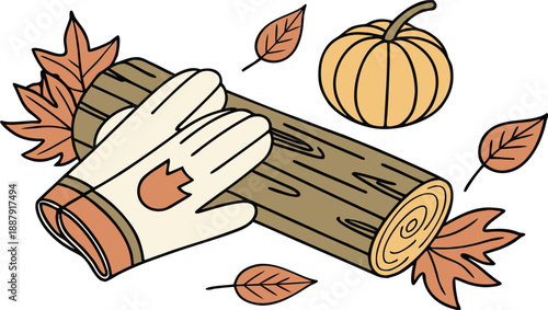Hand holding log with autumn leaves and pumpkin nearby