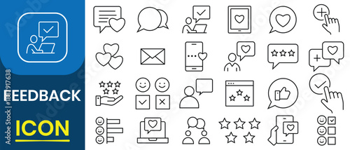 Feedback icon set. Out line icon collection of feedback, review, comment, opinion, suggestion, react, rating, response, reputation, appraisal, satisfaction, comment, performance and more.