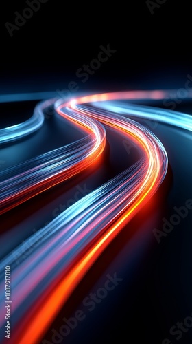 Abstrakte Neon-Lichtspuren in rosa, blau und orange auf schwarzem Hintergrund mit dynamischen Kurven