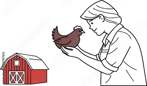 Farmer gently holding brown chicken in front of red barn
