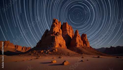 Dramatic desert landscape with star trails circling over sandstone rock formations at night