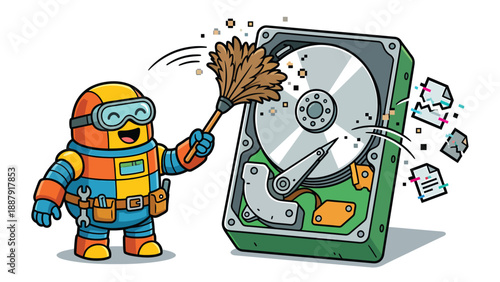 Data Cleaning Mascot: Cartoon Robot Dusting a Hard Drive