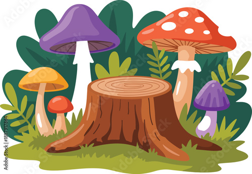 Wooden Stumps and Cute Mushrooms in a Forest  Vibrantly Colorful Vector Collection