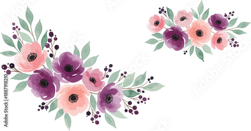 Watercolor floral arrangements with pink and purple flowers on white background