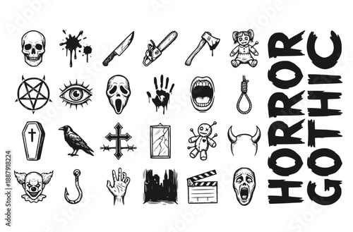 Horror Gothic Scary Dark Hand Drawn Red Vector Icon Set - Skull Blood Knife Terror Line Art Collection Bundle
