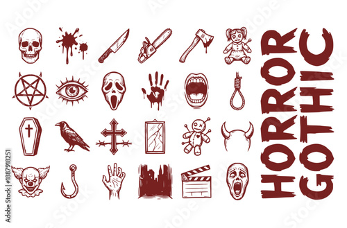 Horror Gothic Scary Dark Hand Drawn Red Vector Icon Set - Skull Blood Knife Terror Line Art Collection Bundle