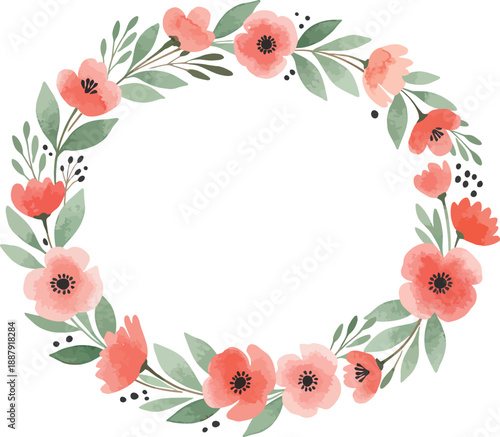 Pink floral wreath with green leaves on white background