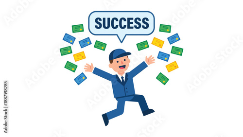 Achieving Success: Cartoon Businessman with Money Rain