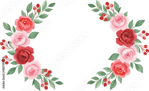 Watercolor floral wreath design with roses and berries on white background