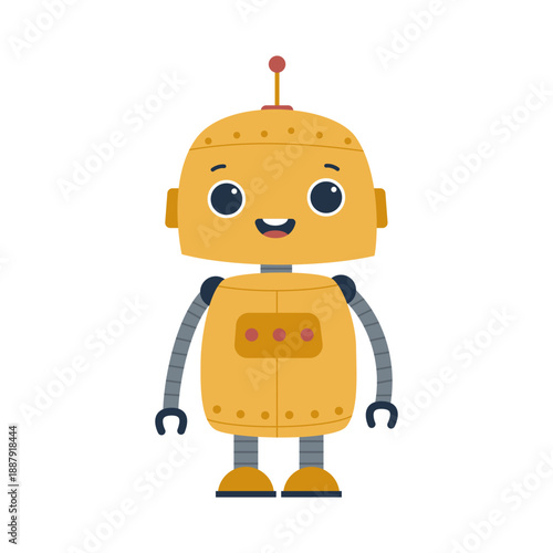 Cute Yellow Cartoon Robot Character. Friendly Smiling Robot for Kids, Education and AI Technology Concepts. Isolated on White Background.
