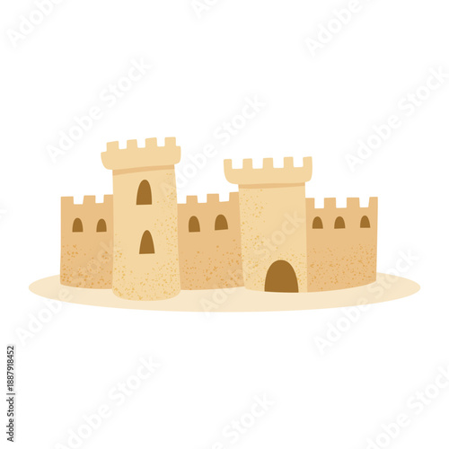 Sand Castle. Cartoon Illustration in Flat Style. Fairytale Sandcastle for Kids, Summer Beach, Vacation and Nursery Design. Isolated on White Background.