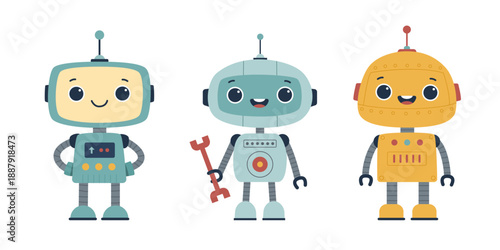 Cute Cartoon Robots Set in Flat Style. Friendly Smiling Robot Characters Collection for Kids, Education, AI Technology and Robotics Concepts. Isolated on White Background.