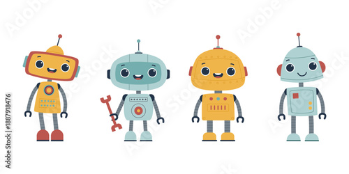 Cute Cartoon Robots Set in Flat Style. Friendly Smiling Robot Characters Collection for Kids, Education, AI Technology and Robotics Concepts. Isolated on White Background.