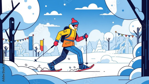 Skier in yellow jacket skiing through snowy landscape with colorful flags and trees